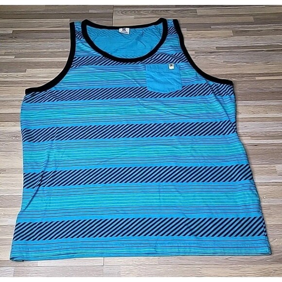 DC‎ Tank Top Shirt Mens Extra Large Black & Blue Striped Graphic Logo Print - Picture 1 of 7